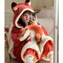 (【Red】) 1 Stück Plüsch-Fleece-Kapuzenmantel mit Fuchsmotiv – kuschelige, ganzjährig tragbare Decke mit verspieltem Cartoon-Design,