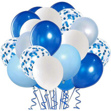 Juego de 50 globos de látex reutilizables y duraderos, color azul rey con confeti blanco. Se pueden inflar con helio o aire para una mayor duración.
