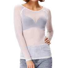 Maglia da donna senza cuciture in rete, nera trasparente, a maniche lunghe, modellante, leggera e traspirante, ideale da indossare a strati.