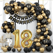18th Birthday Balloon Set with 40 Inch Number 18, Black Gold Confetti Star Balloons, Latex Balloon Decor Kit for Party Celebration