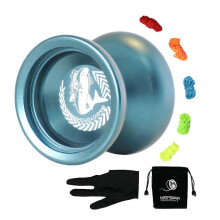Yo-yo van aluminiumlegering, 55 mm diameter, blauw, met vervangende snaren voor het oefenen van hand-oogcoördinatie.