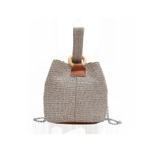 Borsa a tracolla in paglia da donna, intrecciata, con manico in perle, stile vintage, color kaki chiaro, ideale per la spiaggia e i viaggi.