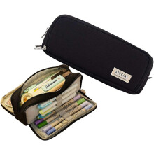 Durable Fabric Pencil Case with Three Zipper Compartments, 21 x 7 x 9 cm Black Organiser for Tools and Cosmetics