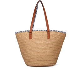 Borsa in paglia intrecciata a mano con chiusura a cerniera, borsa grande per vacanze al mare, materiali naturali.