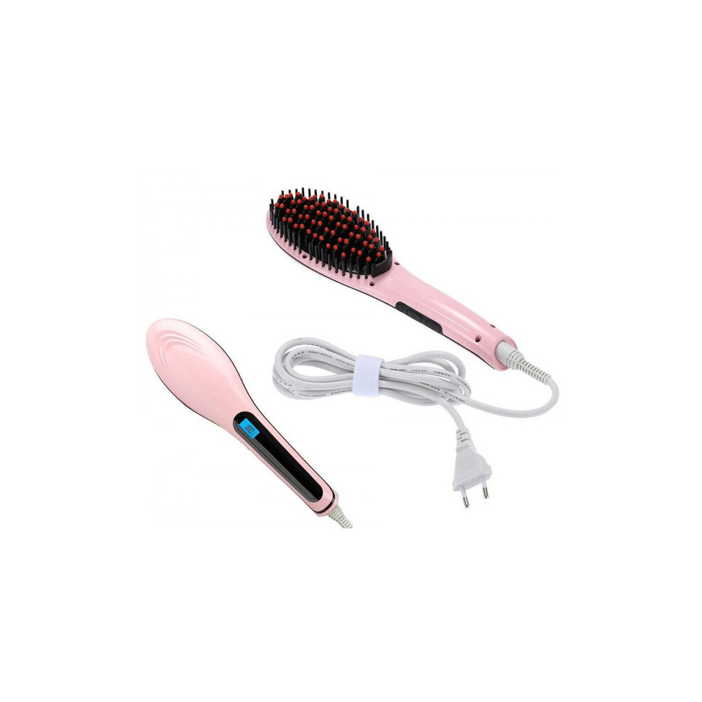Pink Hair Straightener Brush With Lcd Temperature Display, Precise 5C Adjustment, 230C Max Heat, Anti-Scald Tips, European Plug
