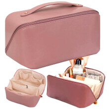 Pochette cosmetica con scomparti multipli e fodera morbida, in ecopelle rosa naturale, ideale per viaggi, dimensioni 23,5 x 10,5 x 11 cm.