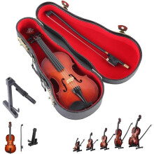 Miniature Violin with Stand and Bow, 14cm Wooden Collectible Model for Home Display