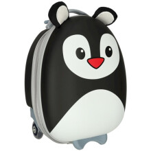 Kinderreiskoffer met pinguïnprint, 25 liter, zwart-wit, uitschuifbare handgreep en wielen, duurzame plastic handbagage voor kinderen