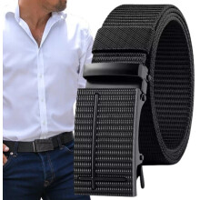 Herenriem met veilige automatische metalen gesp, 3,8 cm breed, zwart nylon, verstelbare lengte voor comfortabel dagelijks gebruik