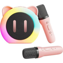 Portable Karaoke Speaker with Dual Wireless Microphones, Built-in LED Light Show and Rechargeable Battery for Family Gatherings, Indoor Outdoor Use
