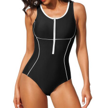 Costume da bagno intero da donna con cerniera frontale, spalline larghe e comode e reggiseno morbido incorporato.
