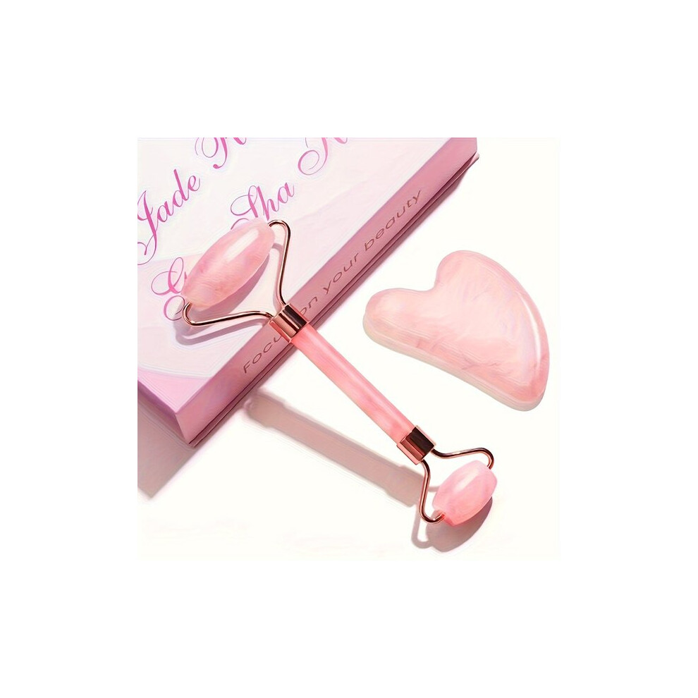 Facial Roller Set, Jade and Rose Quartz, Handheld Massage Tool for Reducing Puffiness, Improving Skin Texture and Radiance