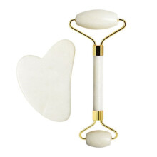 Handmade White Jade Roller with Gua Sha, Facial and Body Massage Tool for Lymph Drainage and Product Absorption, Double-Sided Design