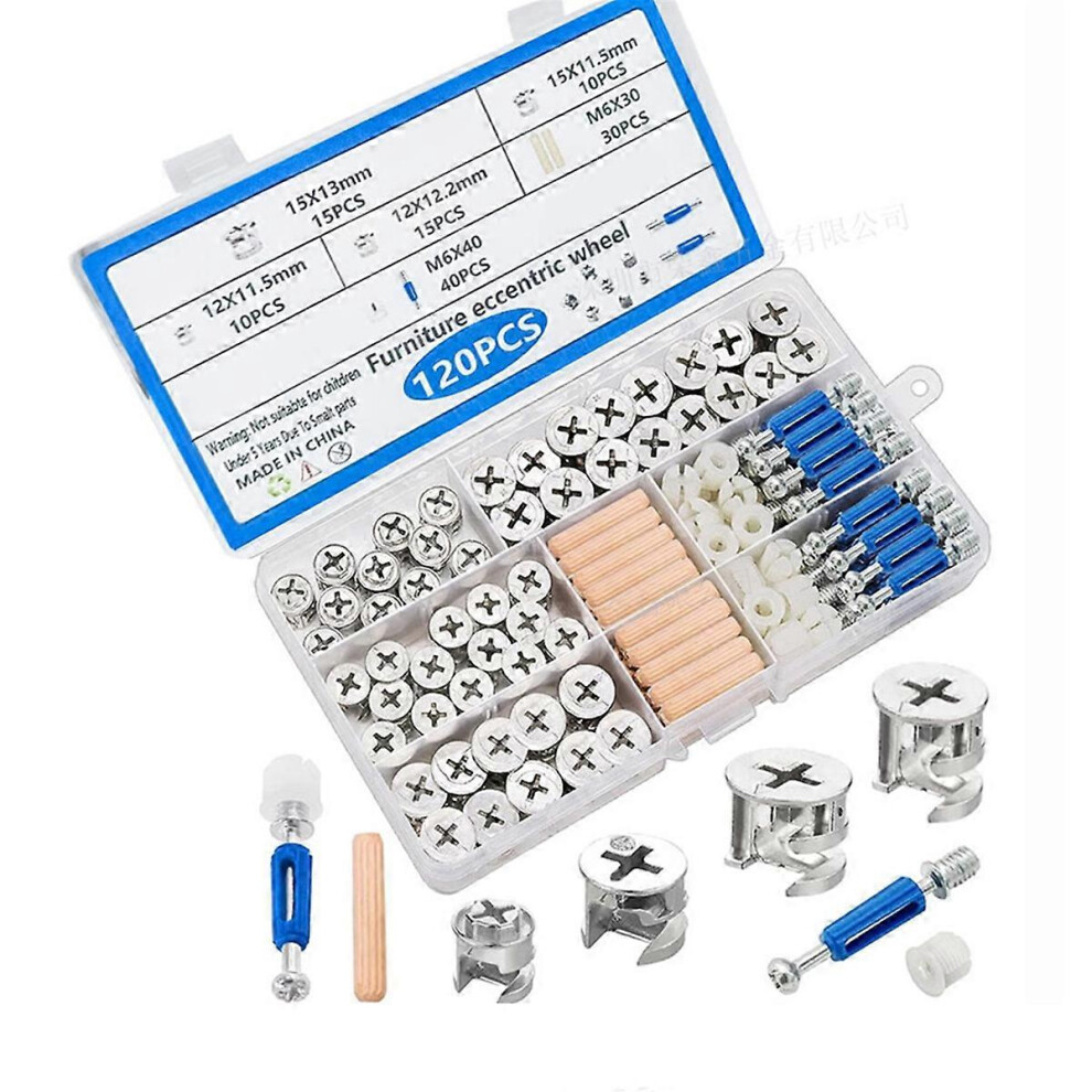 Furniture Cam Lock And Dowel Pin Set, 120Pcs With Nuts And Screws, Multiple Sizes For Cabinet And Drawer Assembly 6901508609341