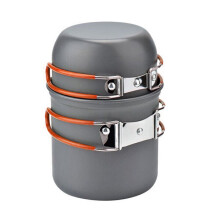 Campingpannenset van aluminiumlegering, antiaanbaklaag en hittebestendig voor buitenkoken, inclusief kom, deksel en bestek.