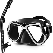 Diving Mask with Dry Snorkel, Anti-Fog Tempered Glass Lens, Wide Panoramic View, Food Grade Silicone for Snorkeling and Spearfishing