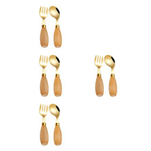 8Pcs Stainless Steel Baby Forks and Curved Spoon Wooden Handle Set