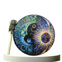 Handmade Shaman Drum 9.84 Inch Sun Moon Design Bohemian Wooden Leather Frame for Decoration and Play