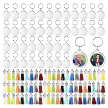 Acrylic Photo Frame Keychain with Tassels Charms Photo Insert Keychain Clear Frame Keyrings Blank for DIY Round