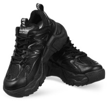 2Pairs Womens Sneakers Black Chunky PU Shoes with Thick Non-Slip Soles