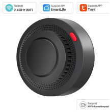 Détecteur de fumée à piles compatible avec l'application Tuya Smart Life, alarme incendie connectée en Wi-Fi avec boîtier ABS noir.