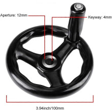Volante com Manivela Giratória para Tornos e Fresadoras, Design 3-Raias em Baquelite, Furo Central 12mm, Diâmetro 100mm