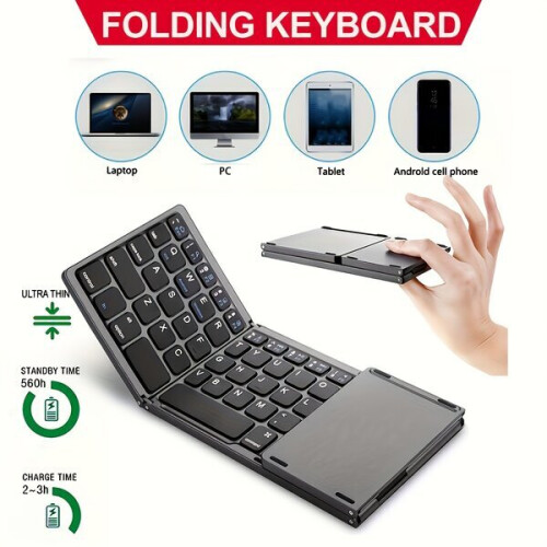 Wireless Silent Keyboard with Touchpad, Compatible with MacBook PC Android iOS, Foldable Portable Tri-Fold Design for Office Home Use 2