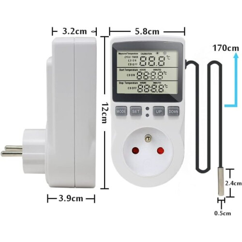 Digital Thermostat Socket with 1.7m Sensor, 16A 3680W Programmable Timer for Home Appliance Control