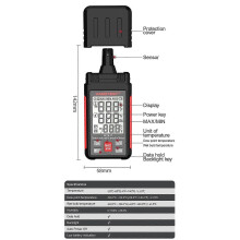 Digitale hygrometer met dauwpunt en natteboltemperatuur, 4-in-1 functie, data hold max/min, verlicht LCD-scherm voor binnen- en buitengebruik.