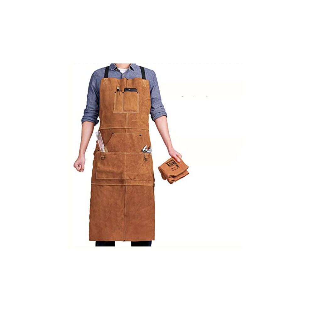 Welder's Apron With 6 Pockets Adjustable From M To Xxxl, Fireproof Leather Work Apron For Metalworking And Carpentry 6901508553064