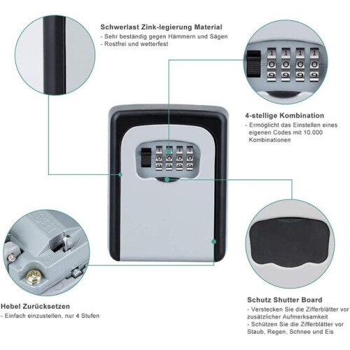 Weatherproof Password Key Box for Outside, 4-Digit Code Aluminium Alloy Key Safe with Mounting Hardware 1