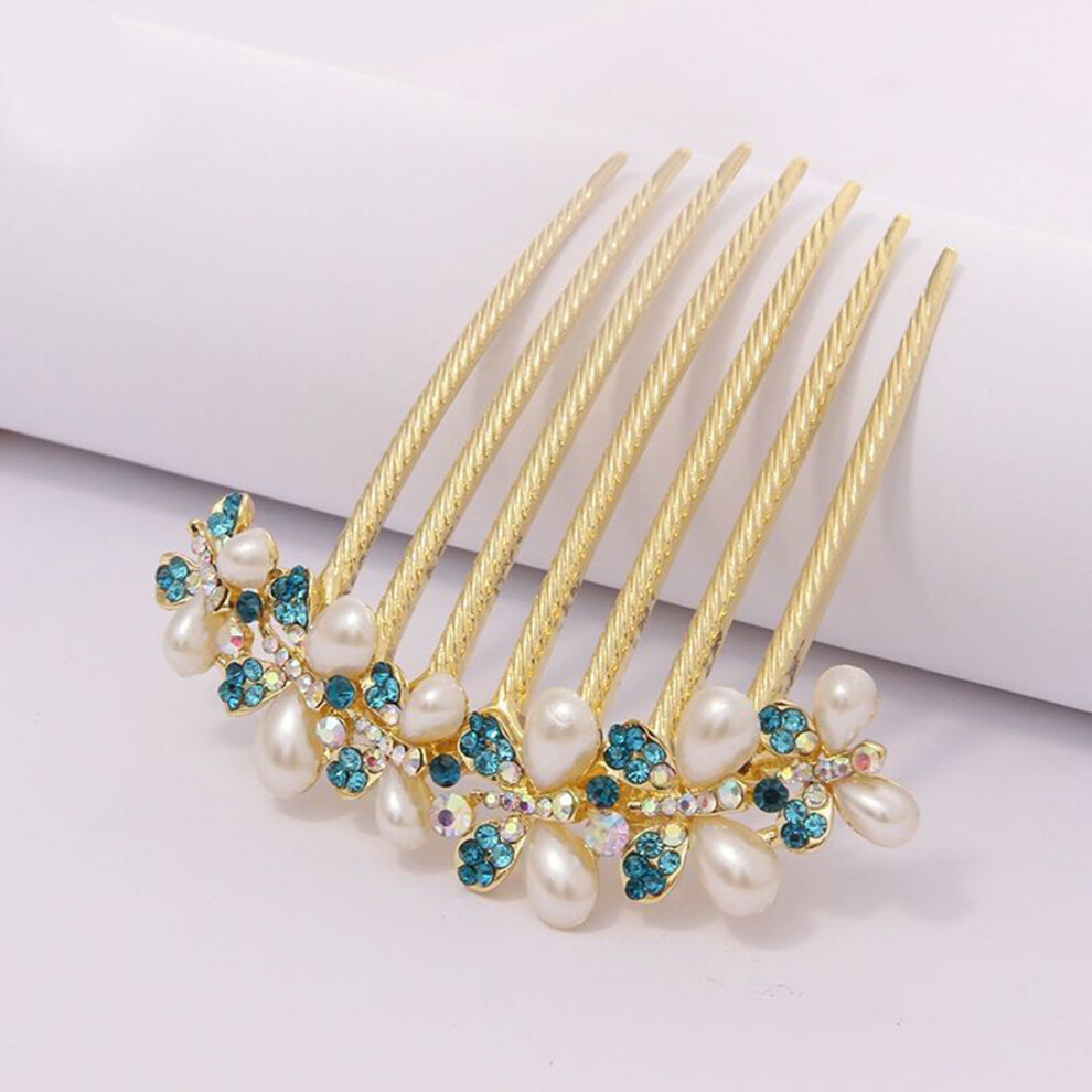 Hue-Grain (Blue) Pearl Rhinestone Hair Comb For Wedding