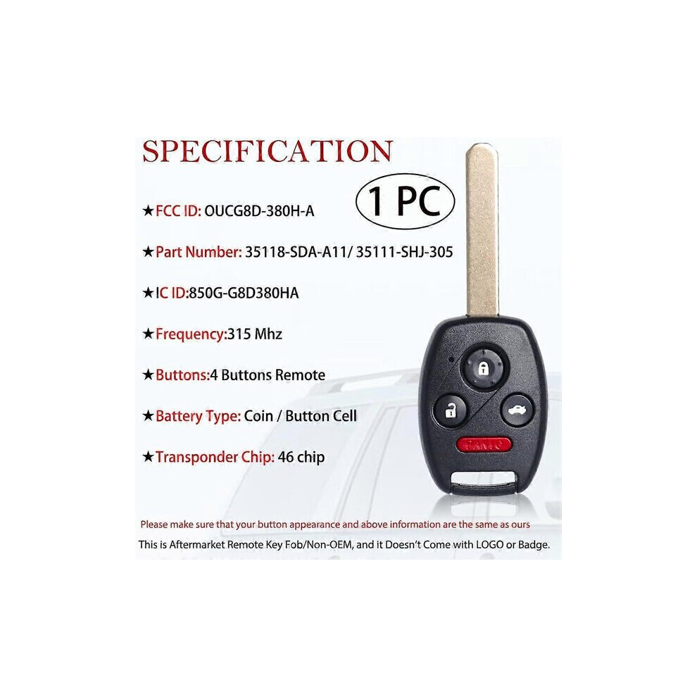 Replacement Key Fob Compatible With Honda Accord, 315Mhz 46 Chip Transponder, With Battery, Ready To Cut 6901508537835
