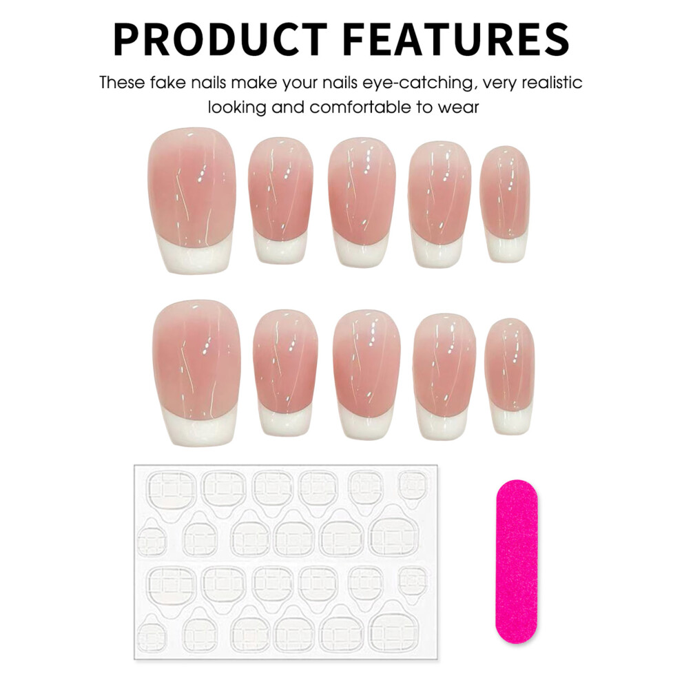 Reach-Tools Pink (Short Ladder) Glossy Fake Nails, French Tip, Odorless & Eco-Friendly
