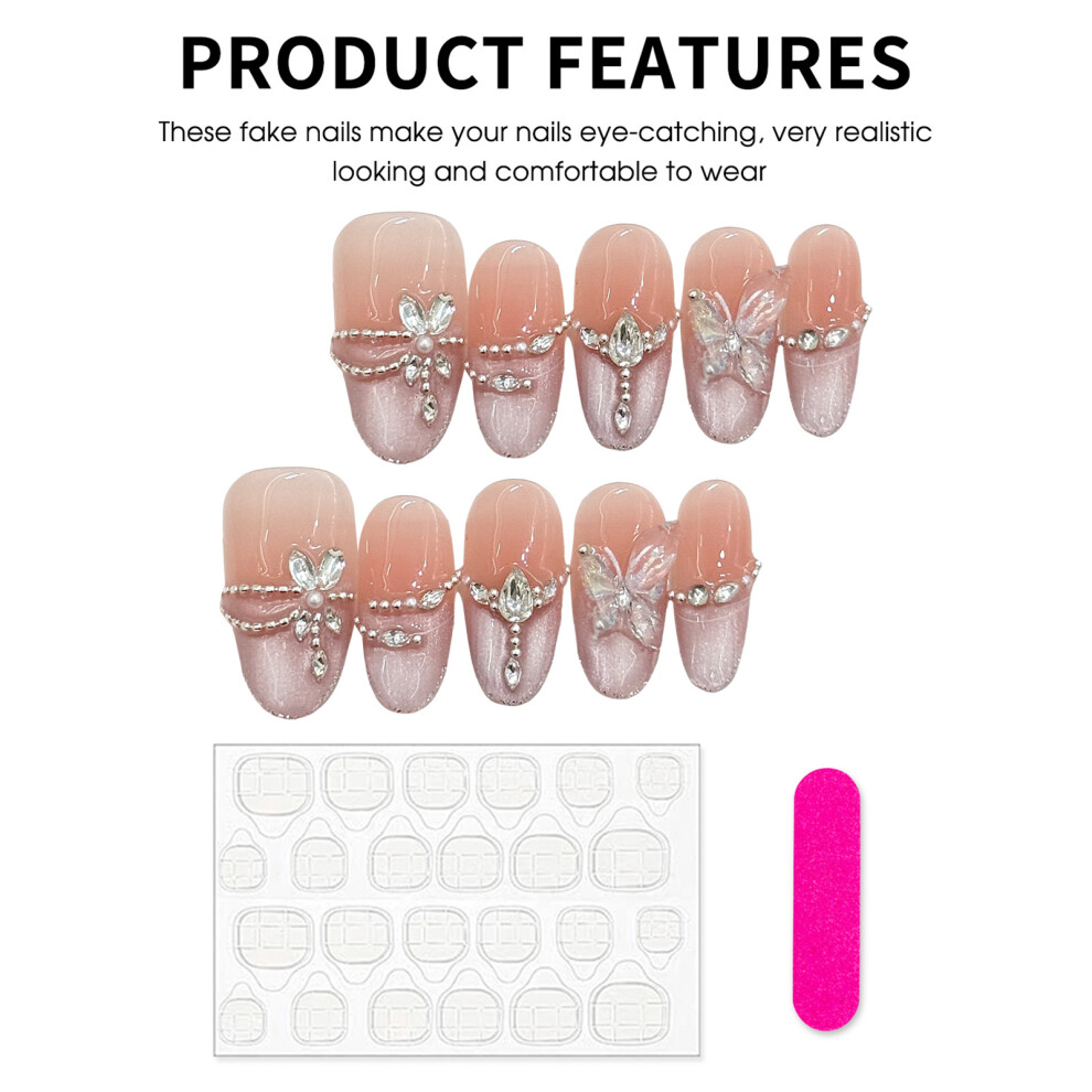Reach-Tools Pink (Medium Ellipse) Rhinestone Cat Eye Fake Nails Diy Decor