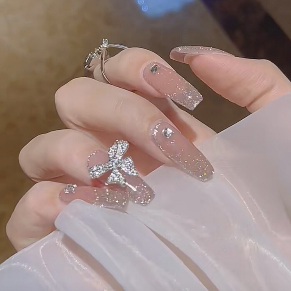 Dcph-Clothing Glitter Press-On Nails With Bowknot For Manicure