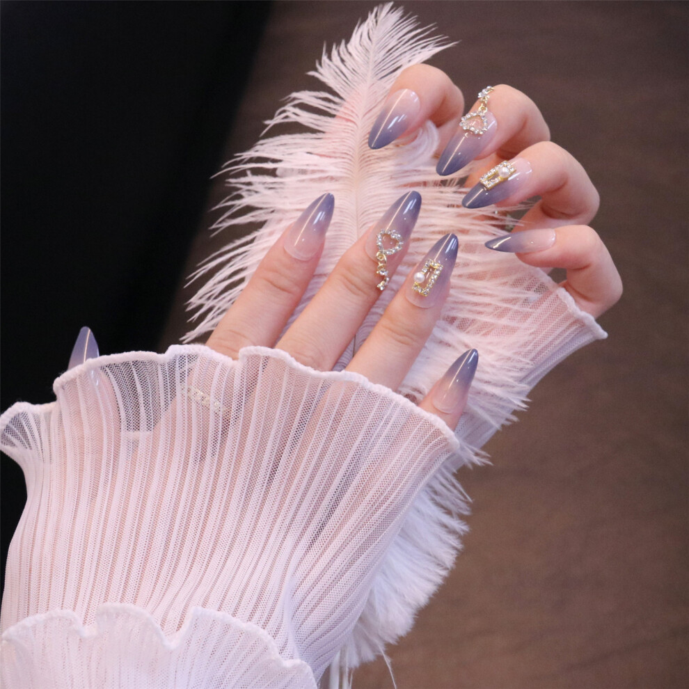 Hue-Grain 24Pcs Blue Diamond False Nails, Long Wear Manicure Patch