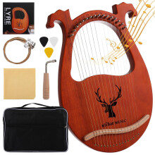 16 String Mahogany Lyre Harp with Antler Carvings, Warm Resonant Sound, Includes Tuning Kit and Bag