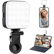 Luce video a LED compatibile con smartphone e fotocamere, batteria da 2000 mAh, design a clip per vlogging, selfie e live streaming.