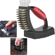3-in-1 Barbecue Cleaning Brush with Safe Brass Bristles, Efficient Scraper and Sponge, All-in-One Tool for Fast Grill Stovetop Cleaning