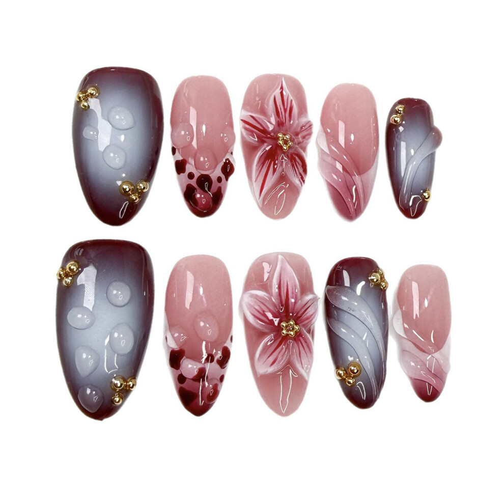 Reach-Tools (Almond, L) 3D Floral Press On Nails - 10Pcs Gradient Fake Nails