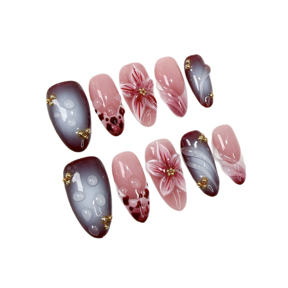 Hue-Grain (Almond, S) 3D Floral Press On Nails - 10Pcs Gradient Fake Nails
