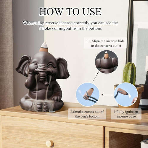 Backflow Incense Burner Elephant Ceramic Holder Handmade Aromatherapy Gift Set for Relaxation 2