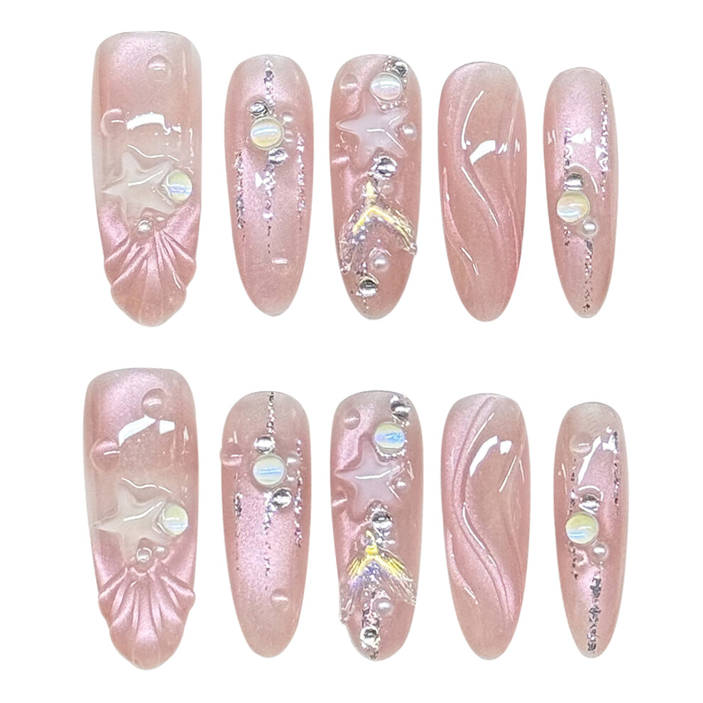 Roc-Electron Pink (Xs) Rhinestone Cat Eye False Nails - Reusable