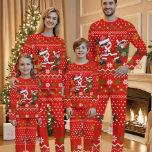(Adult, 11-12Y) Weihnachts-Familien-Pyjama-Set – Langarm-Pyjama mit Rot-, Schneeflocken- und Weihnachtsmann-Aufdruck und „Merry