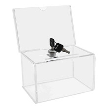 Lockable Transparent Donation Box for Shops Offices - 2.0mm Polystyrene Storage with Integrated Ad Slot for Business Cards, Offers (100mm Height)