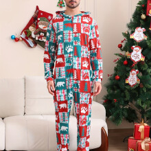 (Mixed Color, 40-42) Weihnachts-Einteiler-Pyjama für Herren 2024 – Winter-Nachtwäsche mit Kapuze und durchgehendem Reißverschluss, Rentier- und