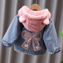 (Pink, 11-12Y) Verdickte, mit Fleece gefütterte Kapuzenjacke für Mädchen mit Plüschhasenohren und Schleifenakzent – gemütlicher Wintermantel,