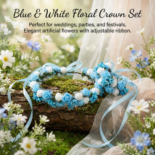 (Blue White Set) Wedding Foam Flower Crown & Bracelet Set