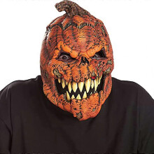 Latex Pumpkin Mask with Movable Fangs, Jaw Motion Activated, Natural Latex for Adult Halloween Costume